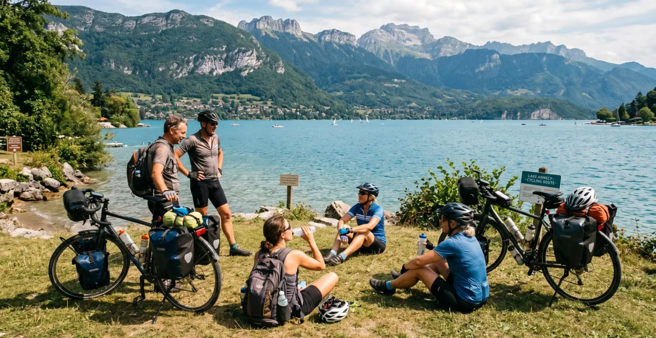 Cyclistes en pause au bord du lac d'Annecy avec vélos posés sur l'herbe et vue sur les montagnes