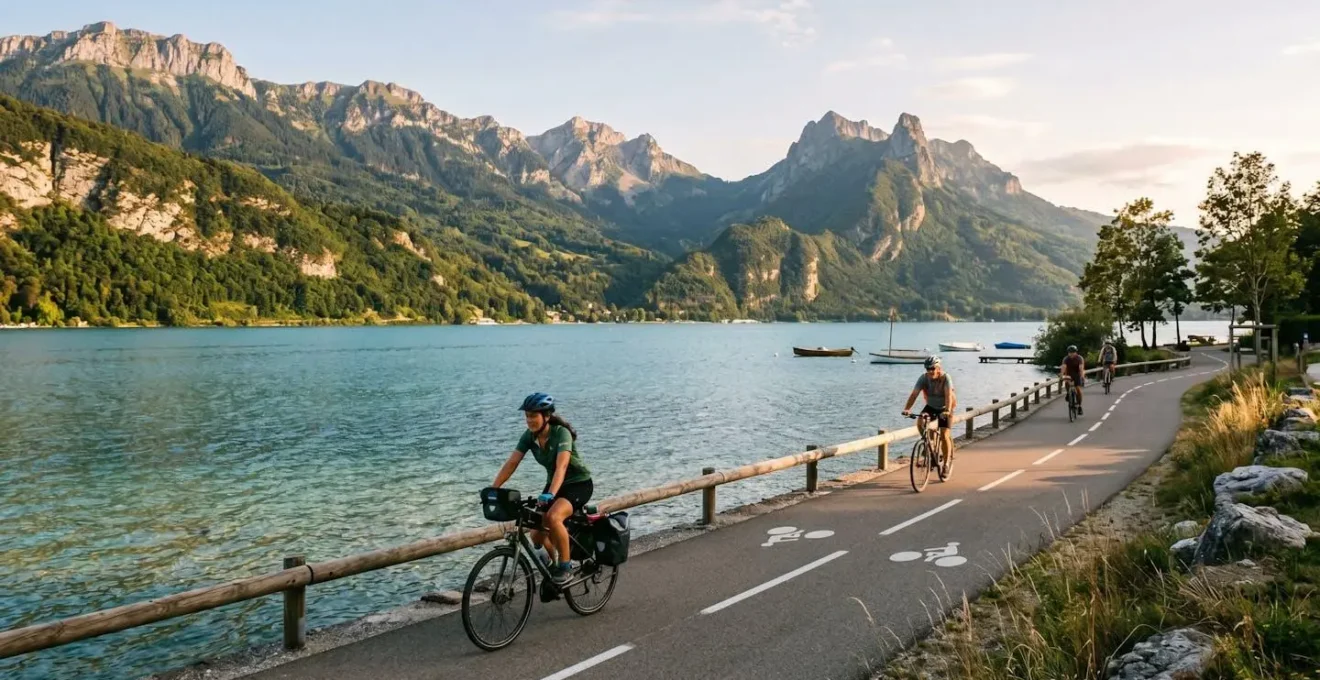 Cyclistes sur la piste cyclable du lac d'Annecy avec montagnes alpines et eau turquoise en arrière-plan sous lumière dorée