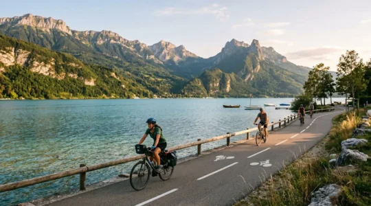 Cyclistes sur la piste cyclable du lac d'Annecy avec montagnes alpines et eau turquoise en arrière-plan sous lumière dorée