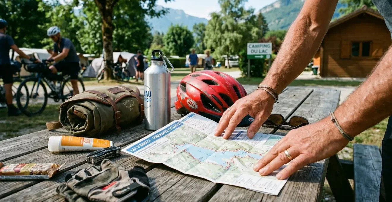 Mains préparant équipement vélo sur table extérieure avec gourde, casque, carte du lac et crème solaire